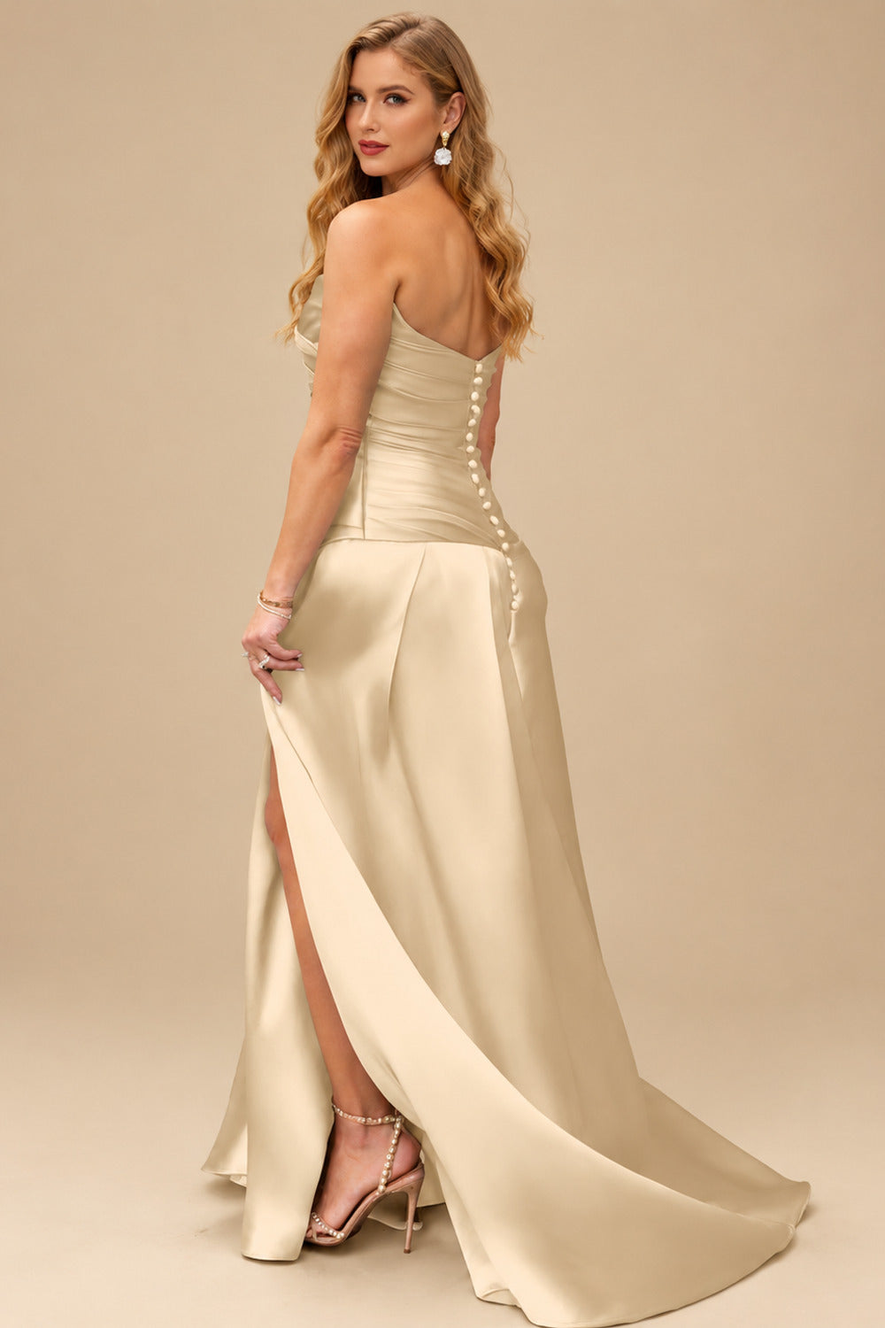 Rutipo Champagne A-Line Cowl Neck Sleeveless Court Train Satin Evening Dresses With Pleated/High Split