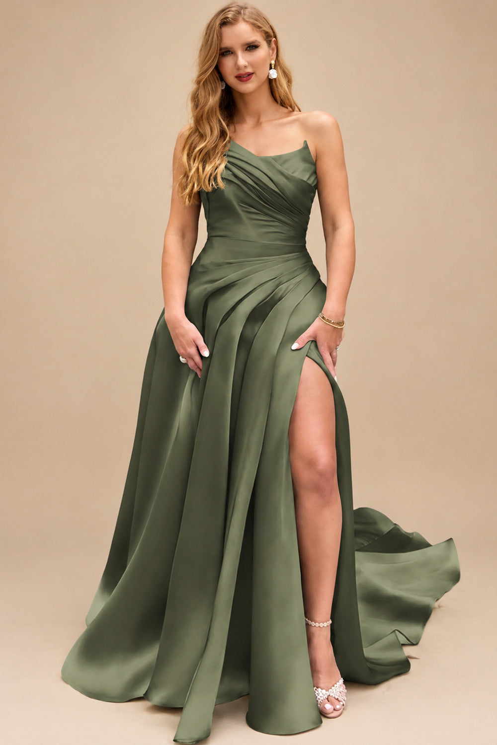 Rutipo Olive Green A-Line Cowl Neck Sleeveless Court Train Satin Evening Dresses With Pleated/High Split