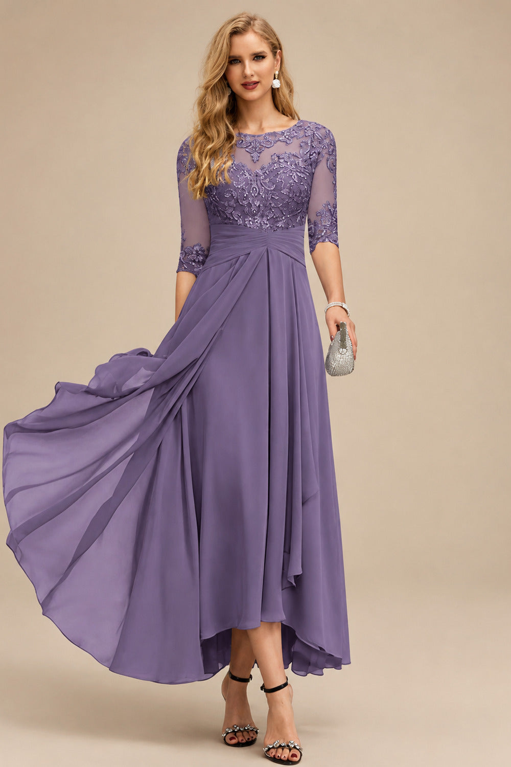 Rutipo Tahiti A-Line Scoop Neck Long Sleeves Asymmetrical Chiffon Mother Of The Bride Dresses With Lace