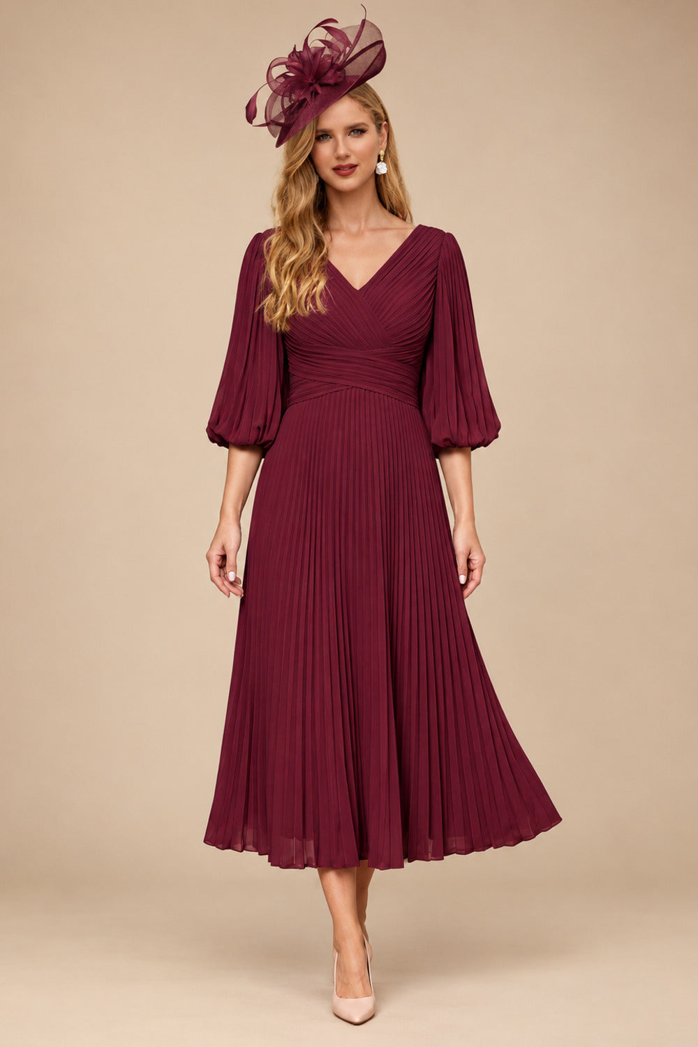 Rutipo Burgundy A-Line V-Neck 3/4 Sleeves Tea-Length Chiffon Mother Of The Bride Dresses With Pleated