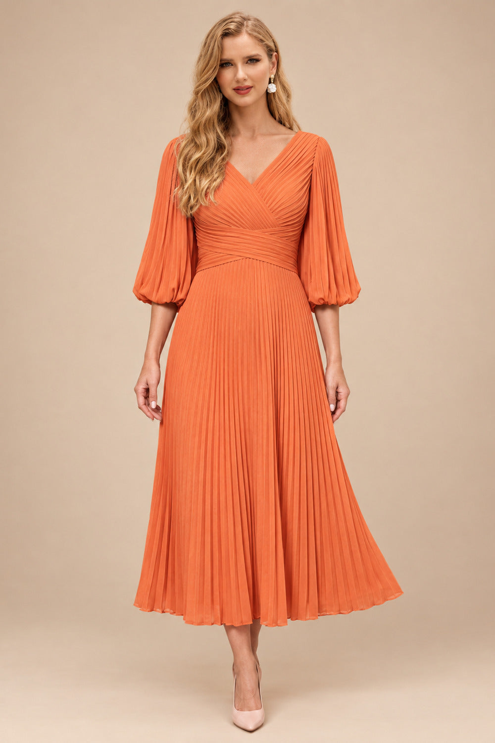 Rutipo Orange A-Line V-Neck 3/4 Sleeves Tea-Length Chiffon Mother Of The Bride Dresses With Pleated