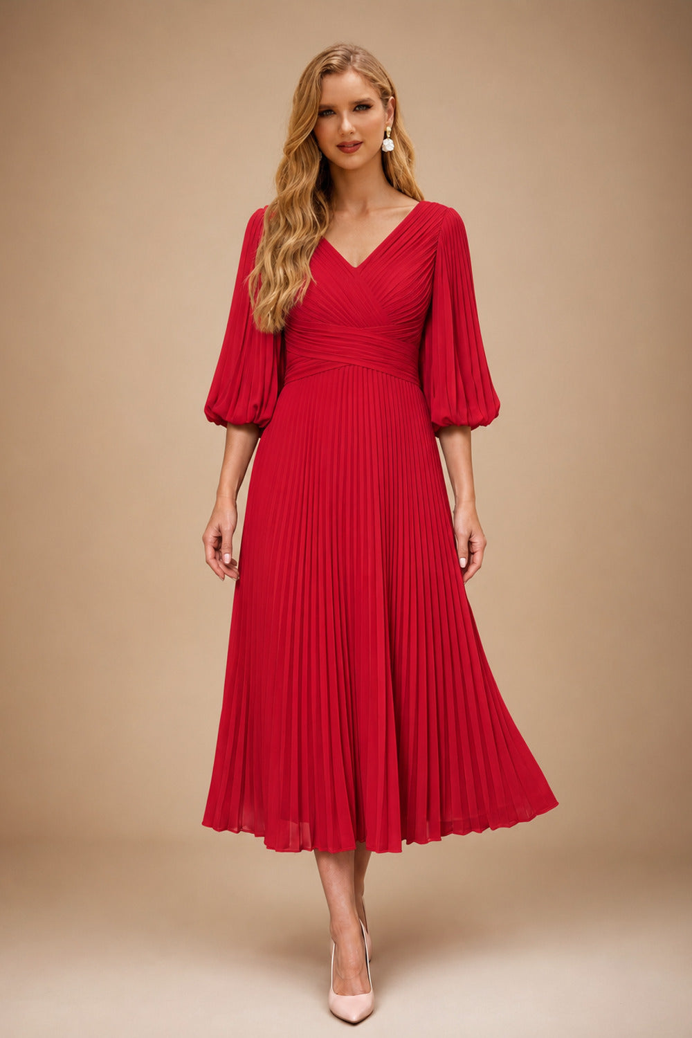 Rutipo Red A-Line V-Neck 3/4 Sleeves Tea-Length Chiffon Mother Of The Bride Dresses With Pleated