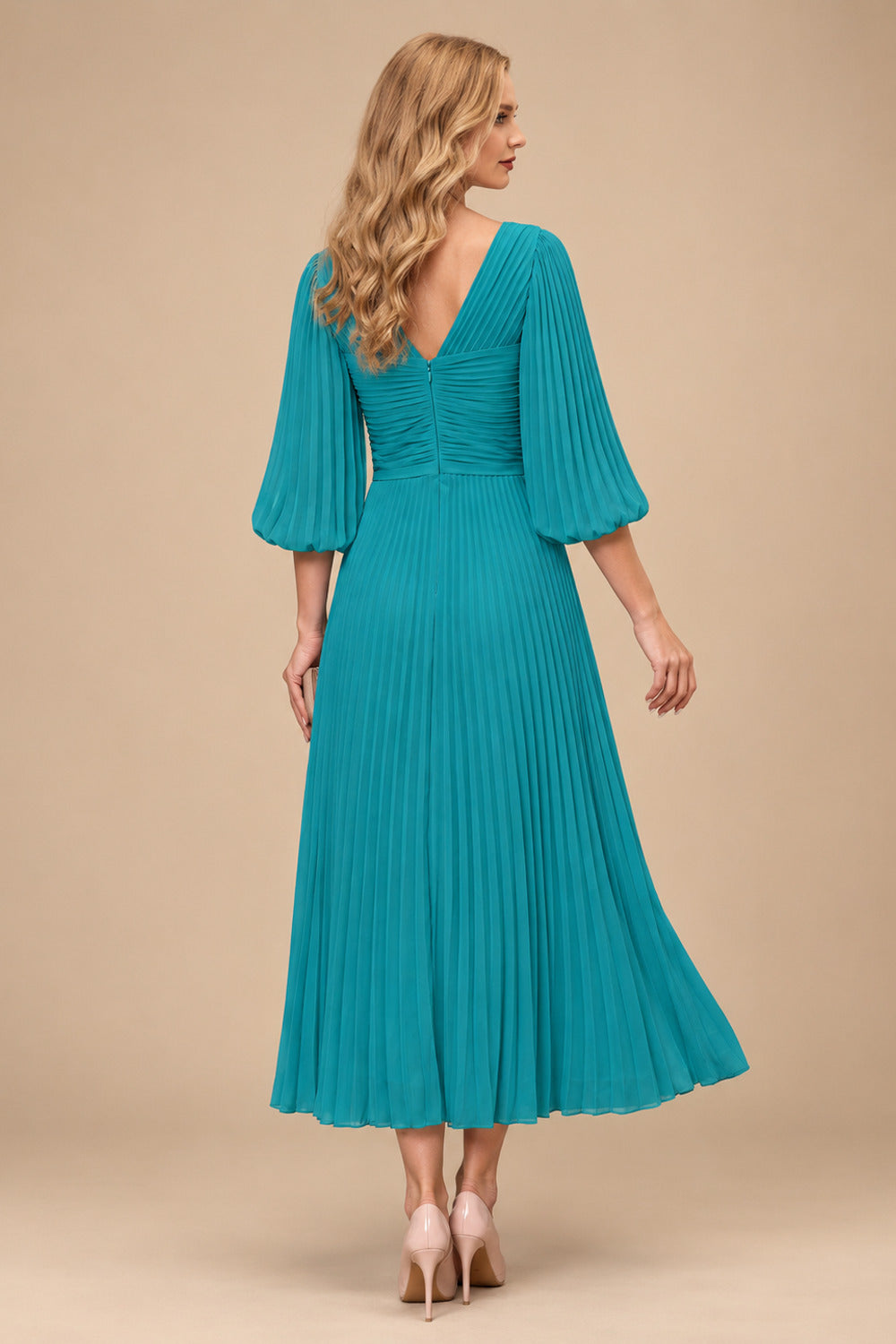 Rutipo Teal A-Line V-Neck 3/4 Sleeves Tea-Length Chiffon Mother Of The Bride Dresses With Pleated