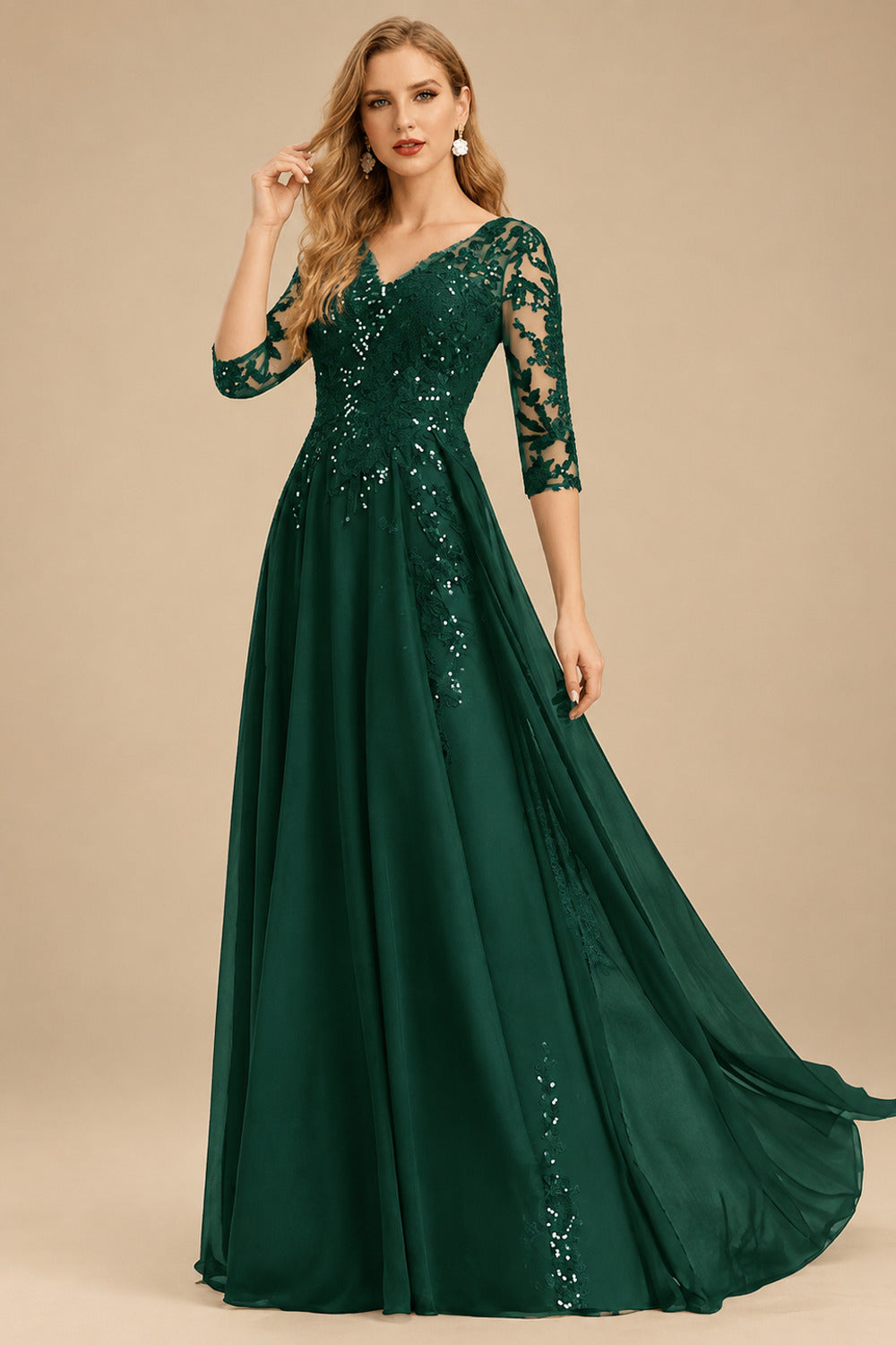 Rutipo Emerald Elegant V-Neck 3/4 Sleeves Floor-Length Chiffon Mother Of The Bride Dresses With Appliques Lace