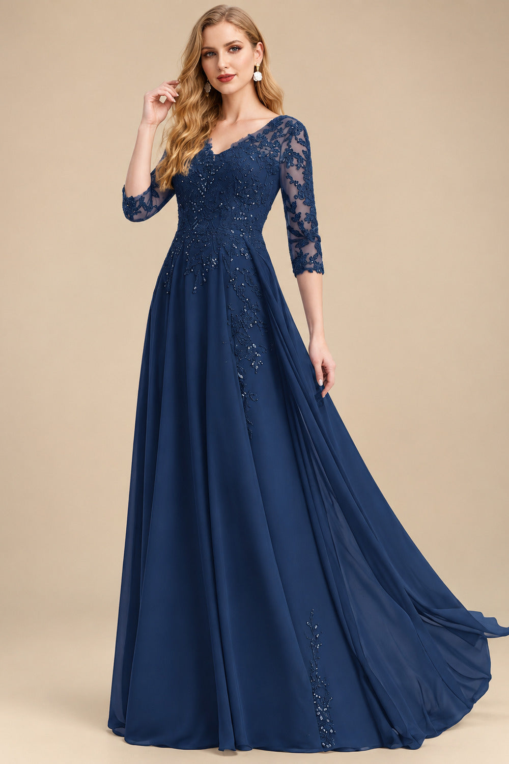 Rutipo Navy Blue Elegant V-Neck 3/4 Sleeves Floor-Length Chiffon Mother Of The Bride Dresses With Appliques Lace