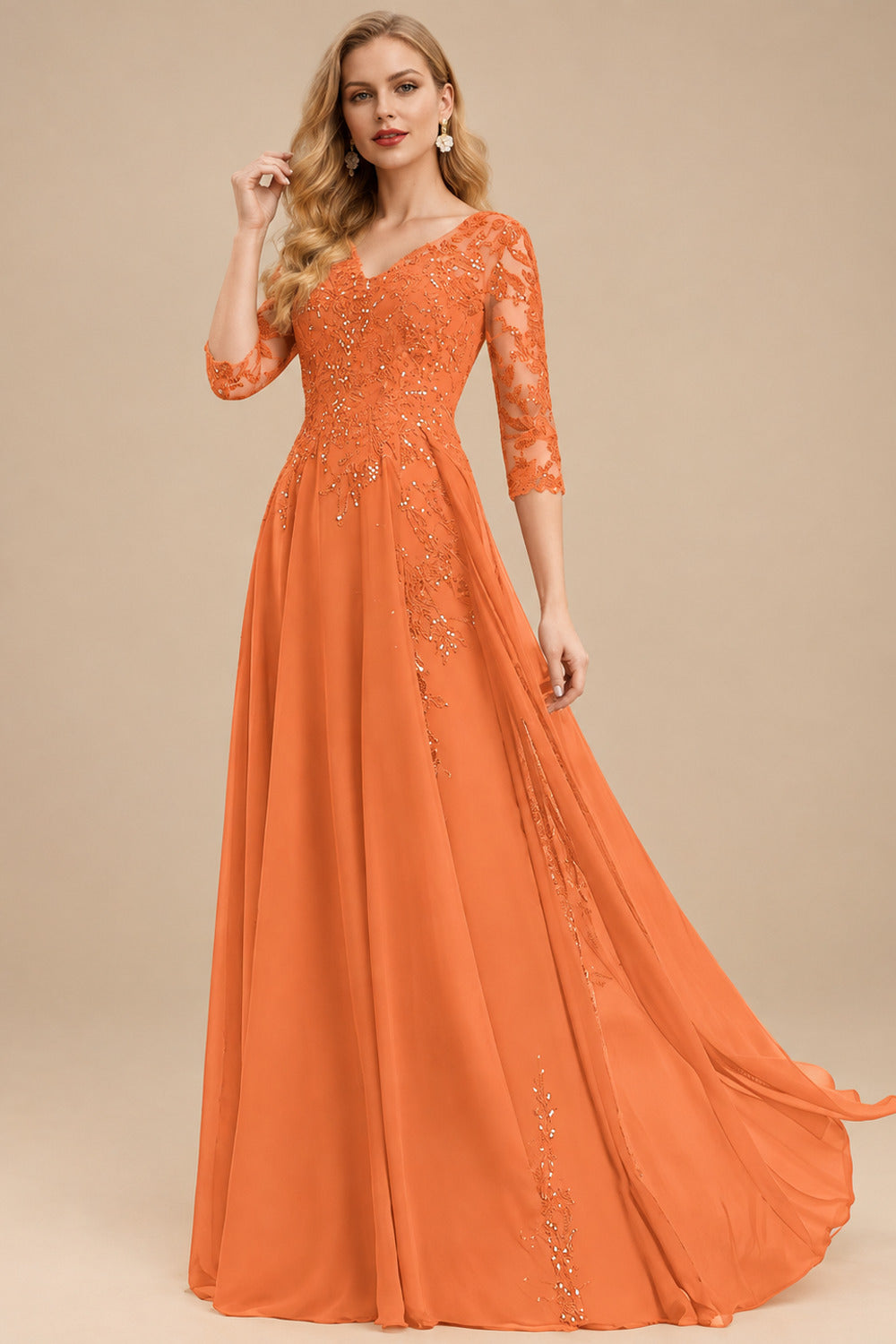 Rutipo Orange Elegant V-Neck 3/4 Sleeves Floor-Length Chiffon Mother Of The Bride Dresses With Appliques Lace