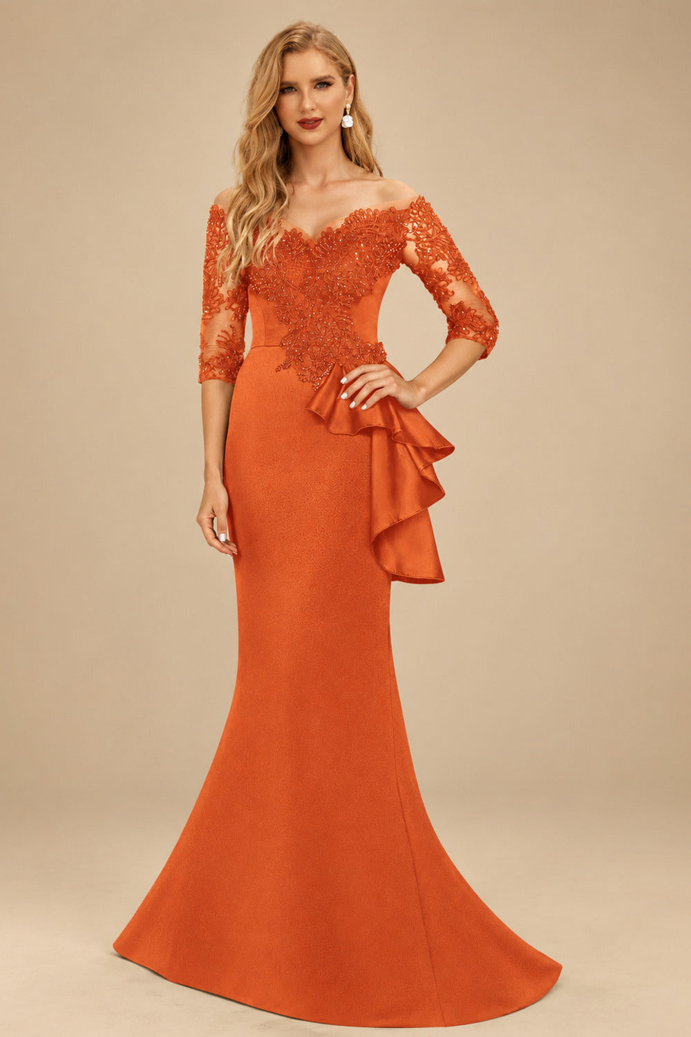Rutipo Burnt Orange Exquisite Semi Sheer Illusion Floral Embroidered Off-Shoulder Mother Of The Bride Dresses With Ruffled Waist