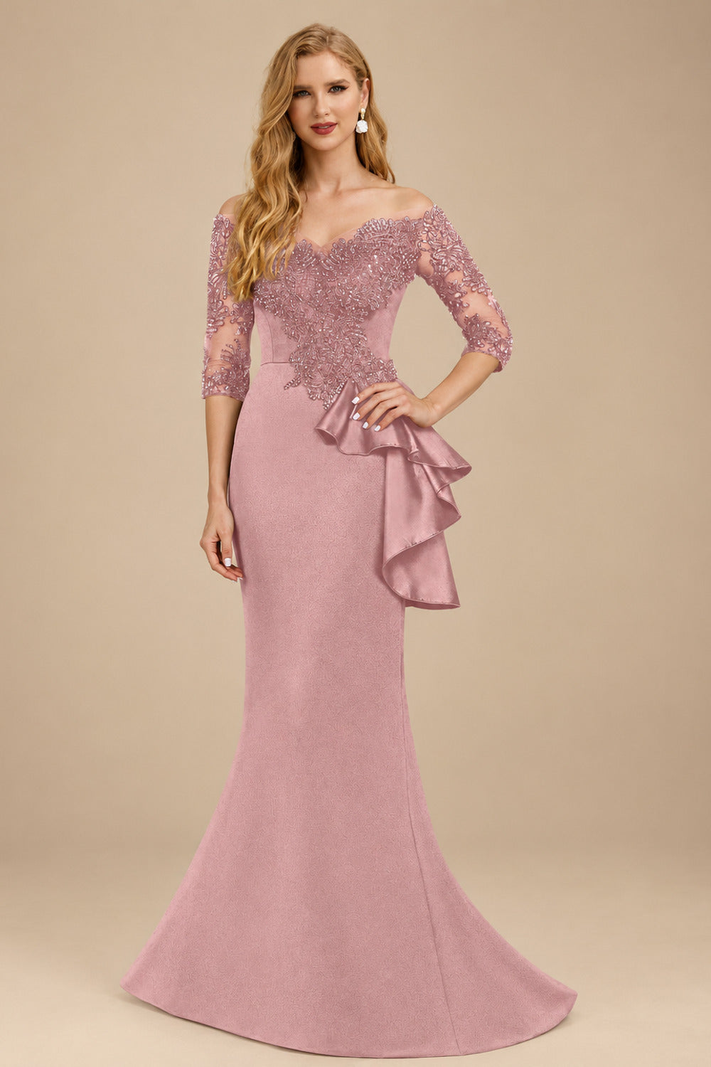 Rutipo Dusty Rose Exquisite Semi Sheer Illusion Floral Embroidered Off-Shoulder Mother Of The Bride Dresses With Ruffled Waist