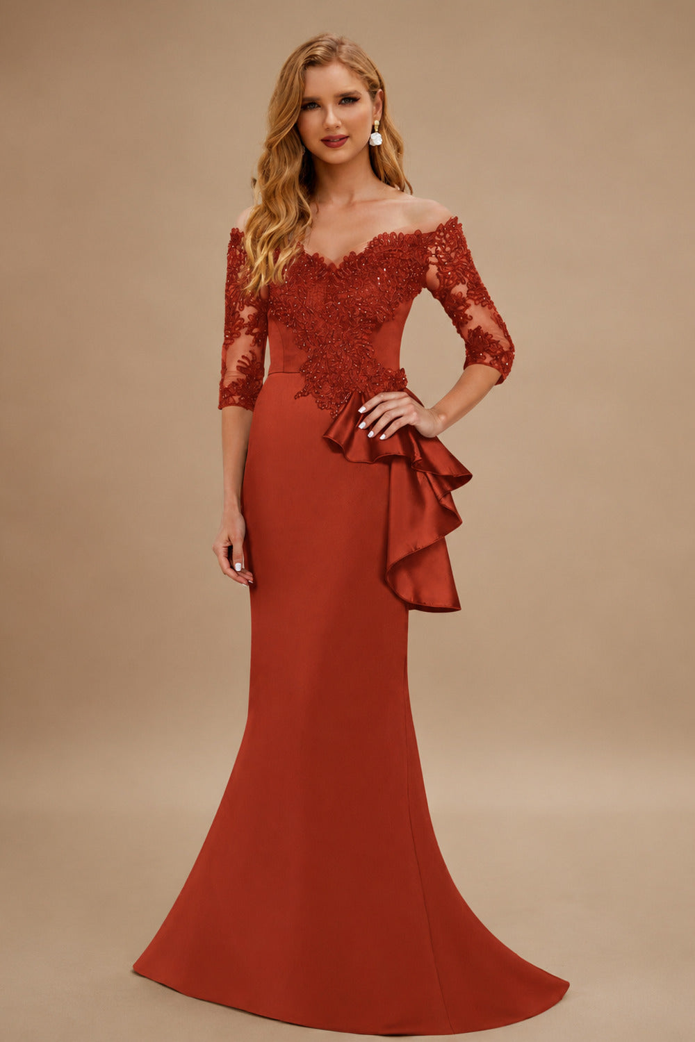 Rutipo Terracotta Exquisite Semi Sheer Illusion Floral Embroidered Off-Shoulder Mother Of The Bride Dresses With Ruffled Waist