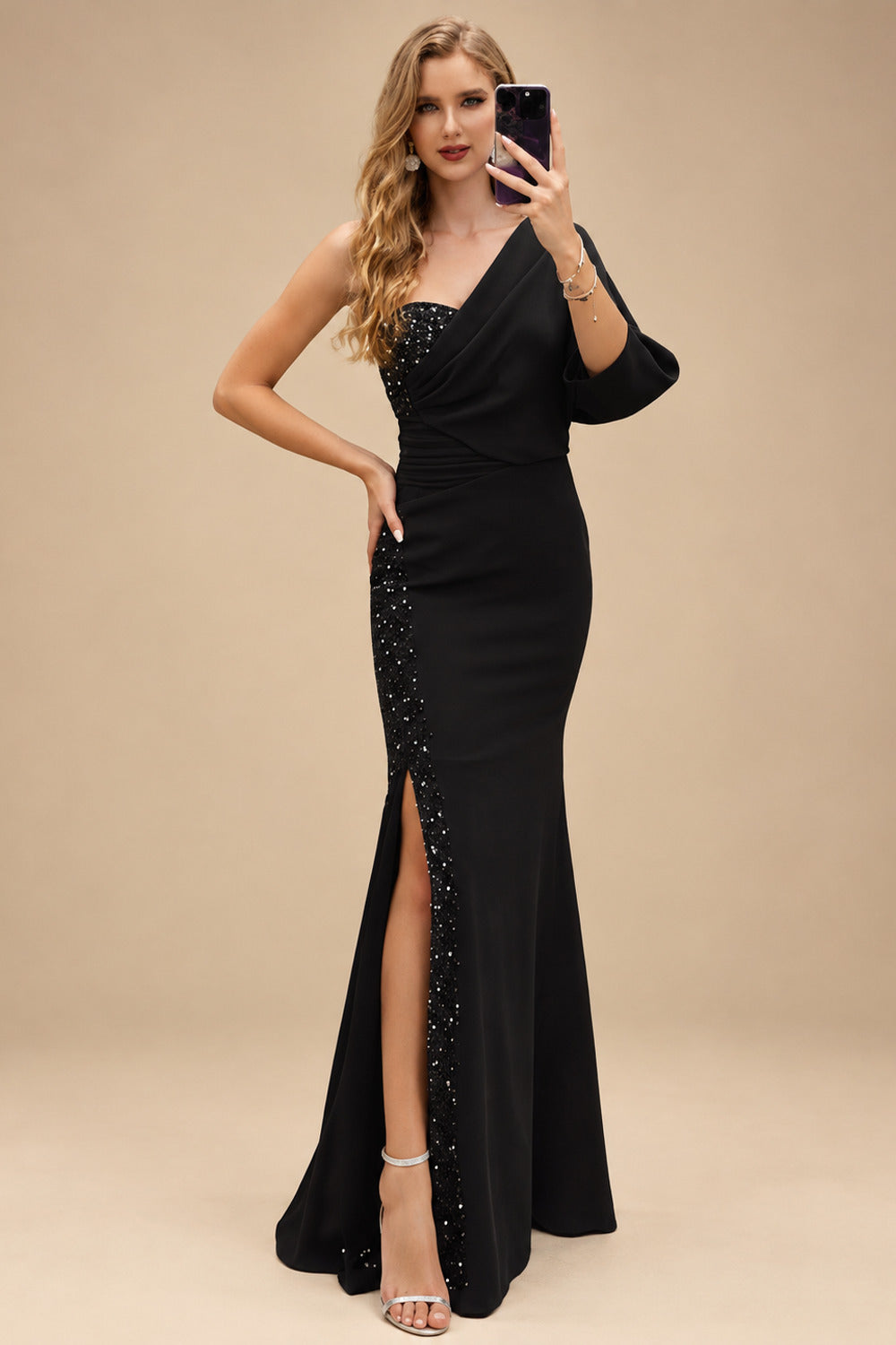 Rutipo Black One-Shoulder Luxury Beading Trumpet/Mermaid Mother Of The Bride Dresses