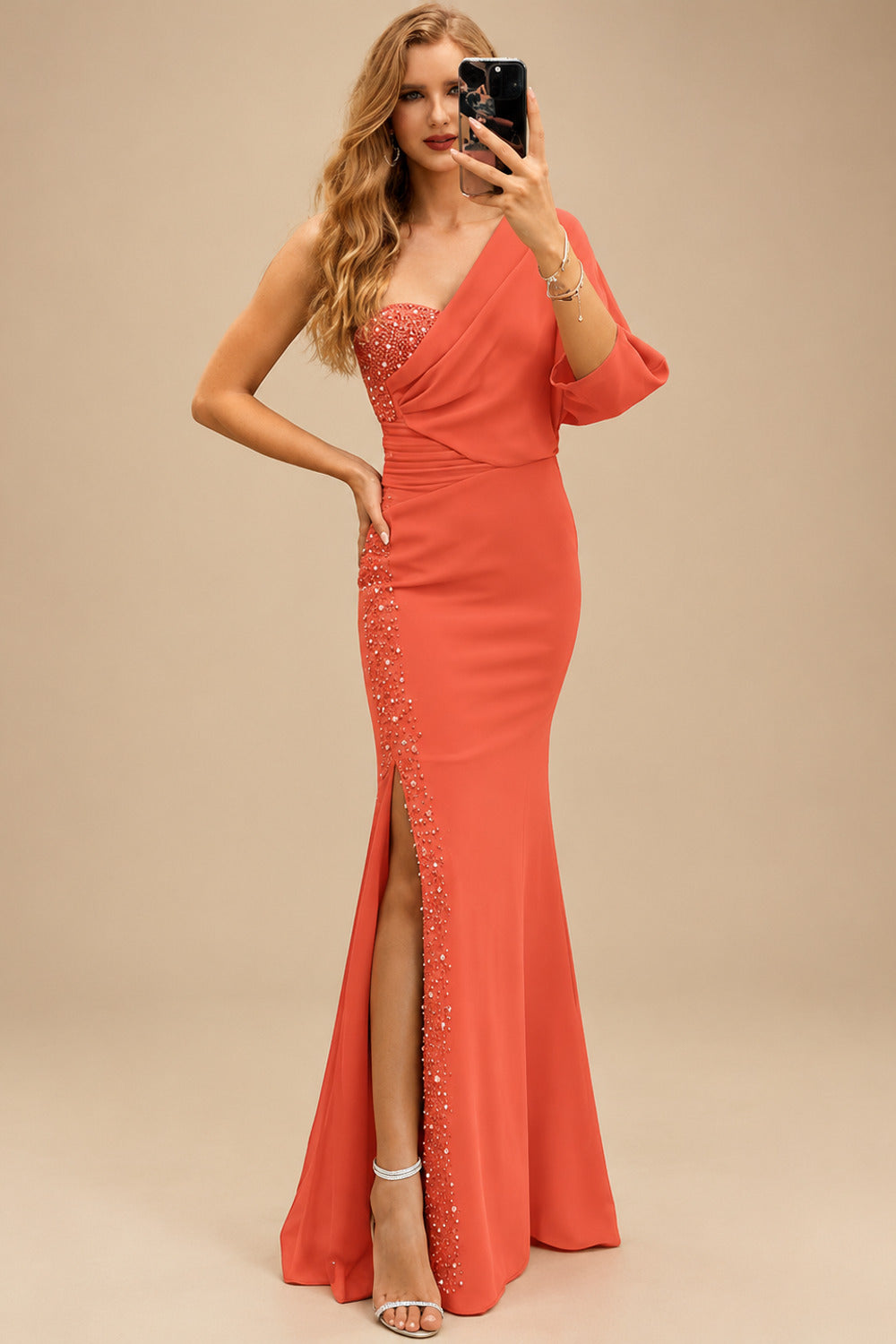Rutipo Papaya One-Shoulder Luxury Beading Trumpet/Mermaid Mother Of The Bride Dresses