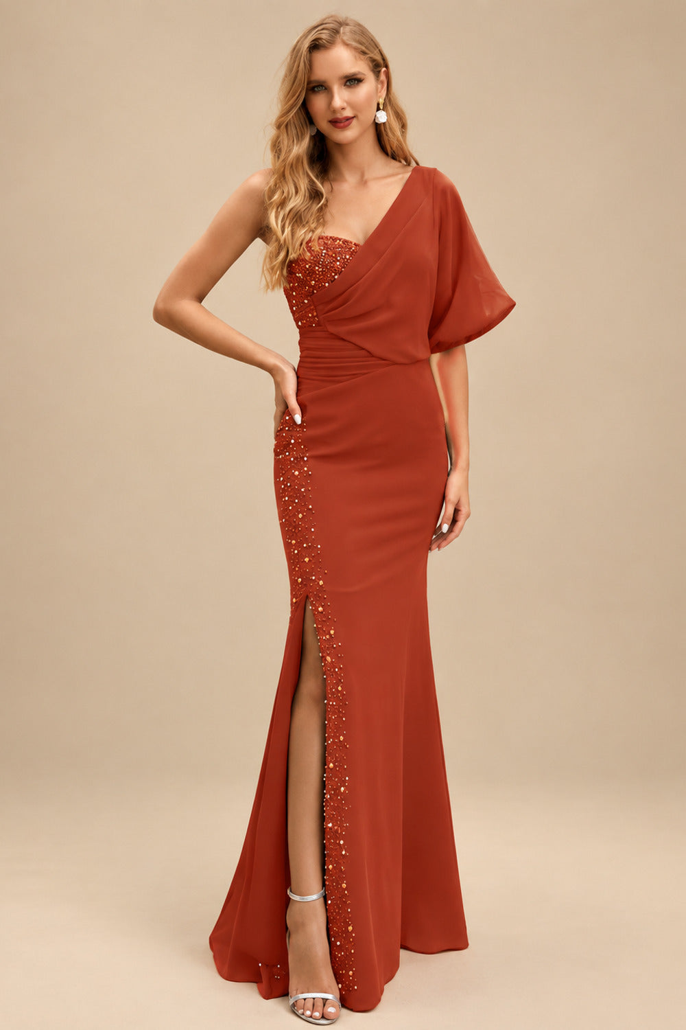 Rutipo Terracotta One-Shoulder Luxury Beading Trumpet/Mermaid Mother Of The Bride Dresses