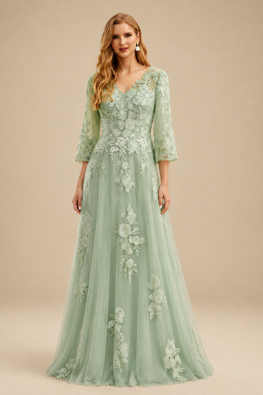Rutipo Celadon A-Line V-Neck 3/4 Sleeves Tulle Mother Of The Bride Dresses With Appliques Lace