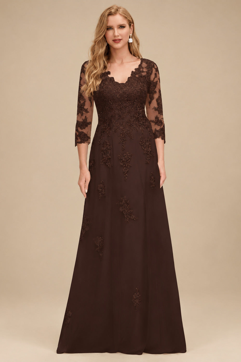 Rutipo Chocolate A-Line V-Neck 3/4 Sleeves Tulle Mother Of The Bride Dresses With Appliques Lace
