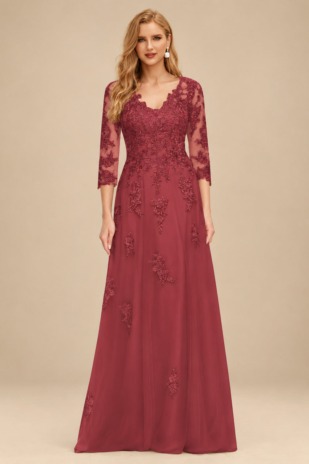 Rutipo Cinnamon Rose A-Line V-Neck 3/4 Sleeves Tulle Mother Of The Bride Dresses With Appliques Lace