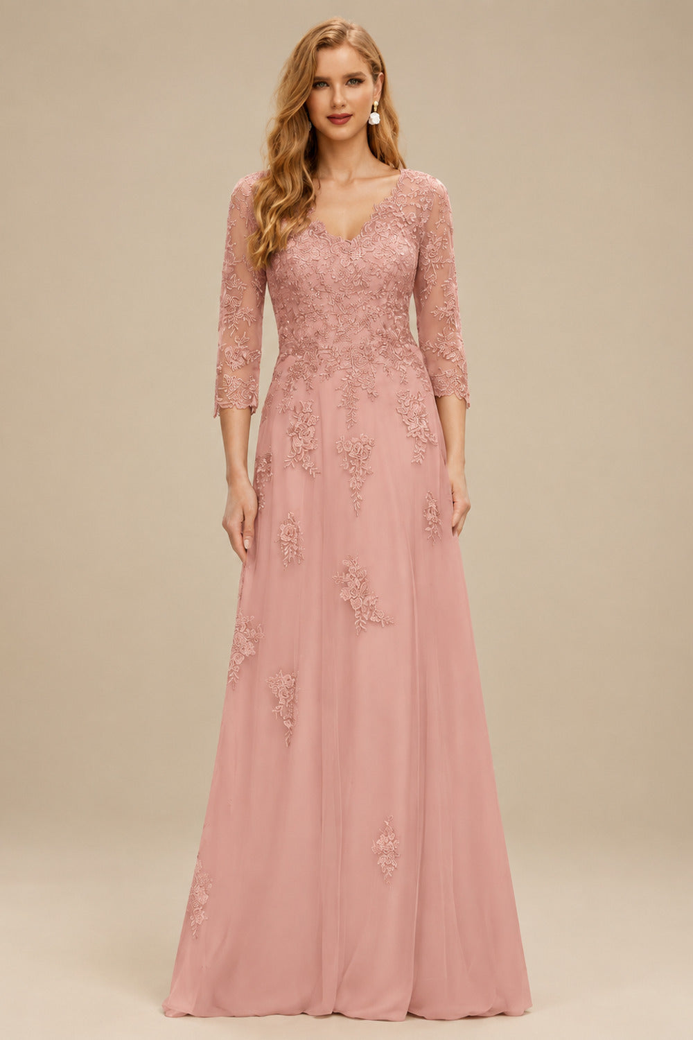 Rutipo Dusty Rose A-Line V-Neck 3/4 Sleeves Tulle Mother Of The Bride Dresses With Appliques Lace