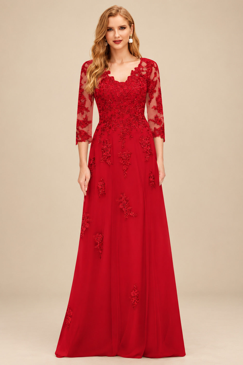 Rutipo Red A-Line V-Neck 3/4 Sleeves Tulle Mother Of The Bride Dresses With Appliques Lace