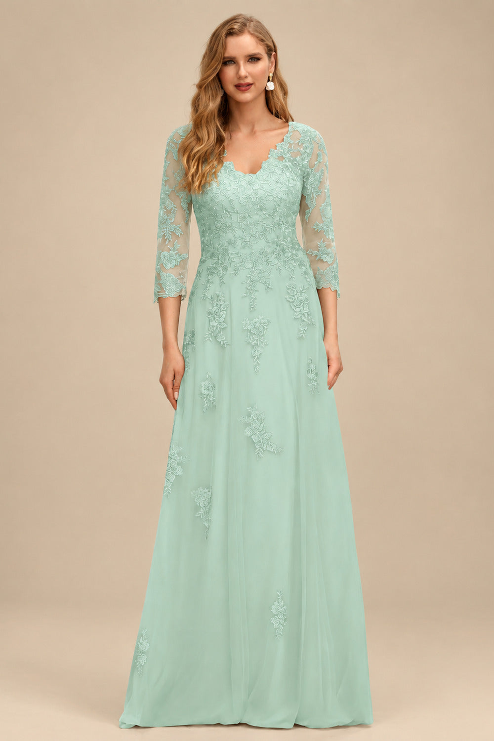 Rutipo Sage Green A-Line V-Neck 3/4 Sleeves Tulle Mother Of The Bride Dresses With Appliques Lace