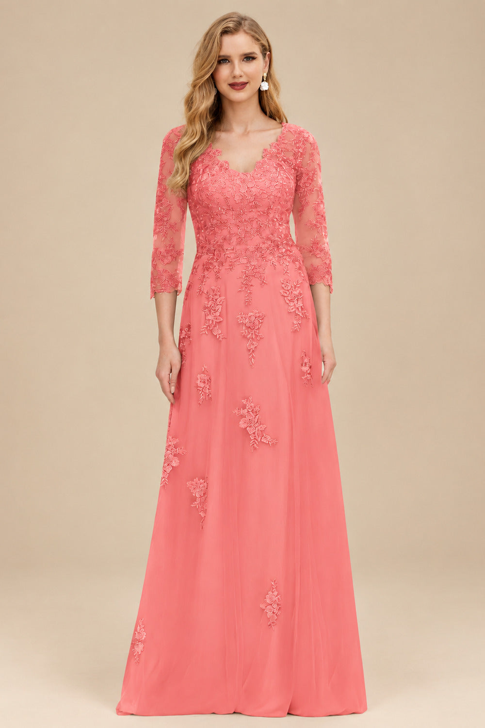 Rutipo Watermelon A-Line V-Neck 3/4 Sleeves Tulle Mother Of The Bride Dresses With Appliques Lace