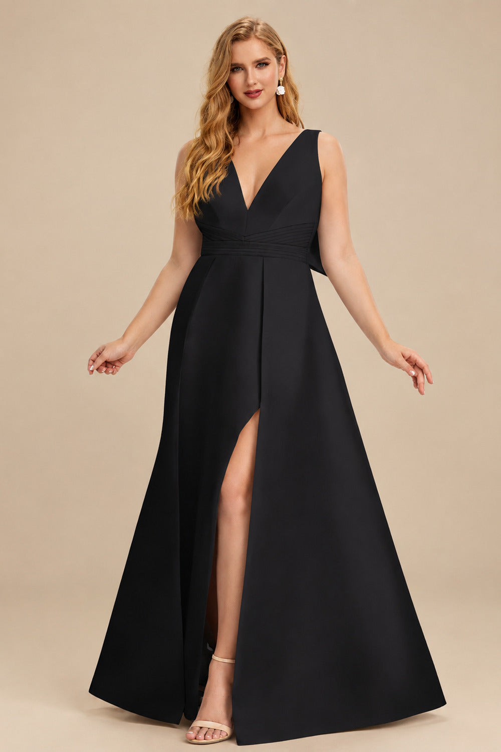 Rutipo Black V-Neck Satin A-Line Mother Of The Bride Dresses With Bow