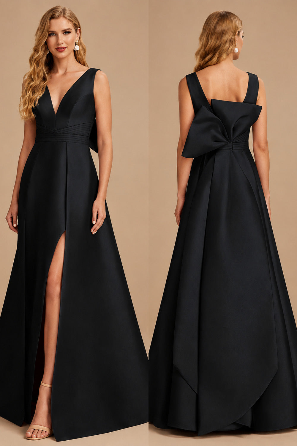 Rutipo Black V-Neck Satin A-Line Mother Of The Bride Dresses With Bow