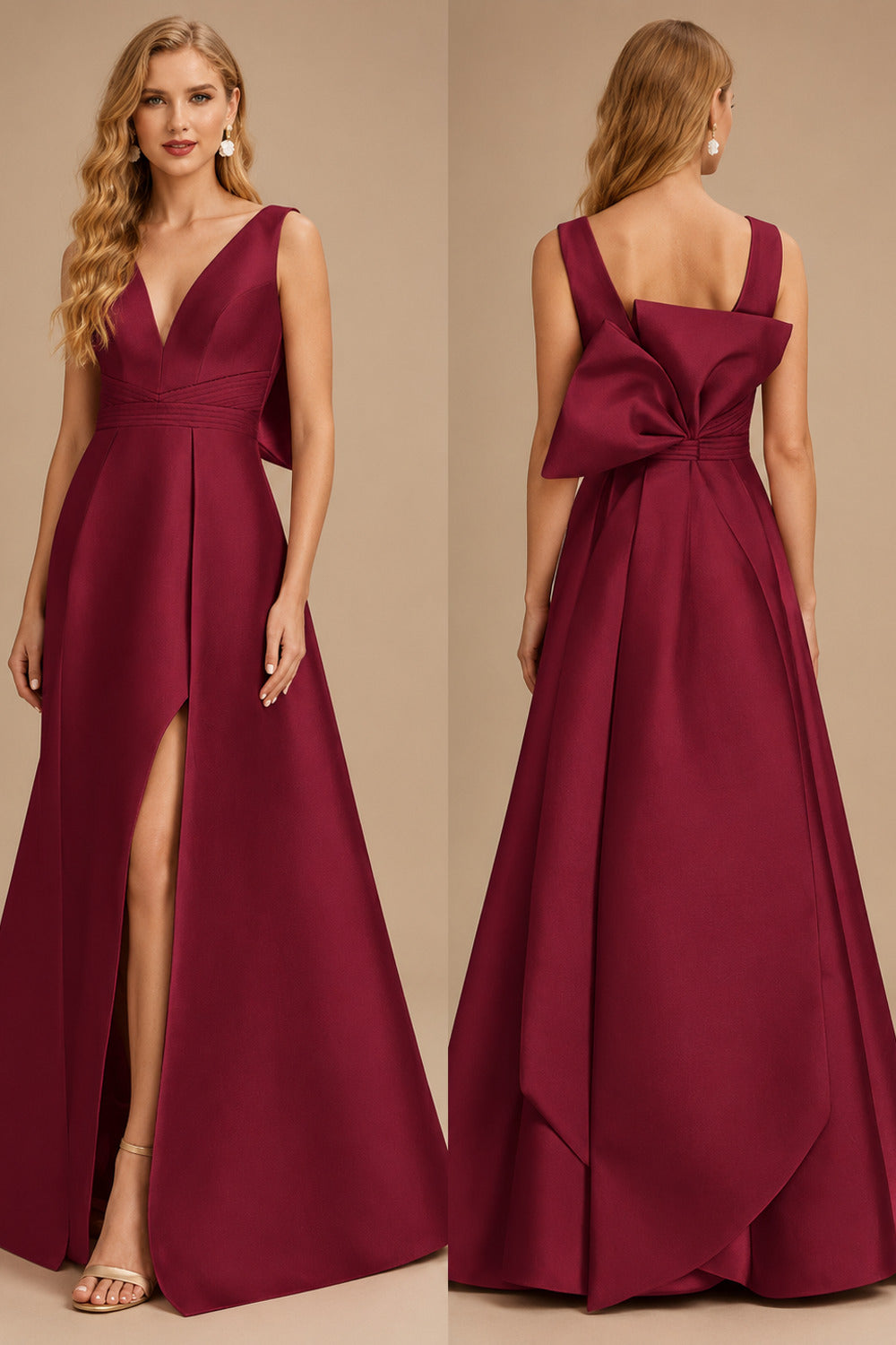Rutipo Burgundy V-Neck Satin A-Line Mother Of The Bride Dresses With Bow