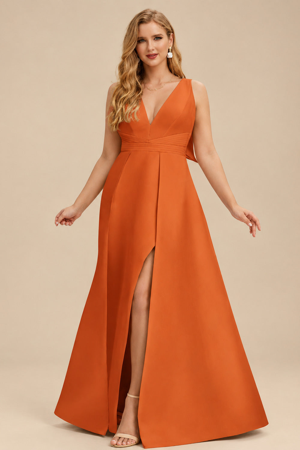 Rutipo Burnt Orange V-Neck Satin A-Line Mother Of The Bride Dresses With Bow