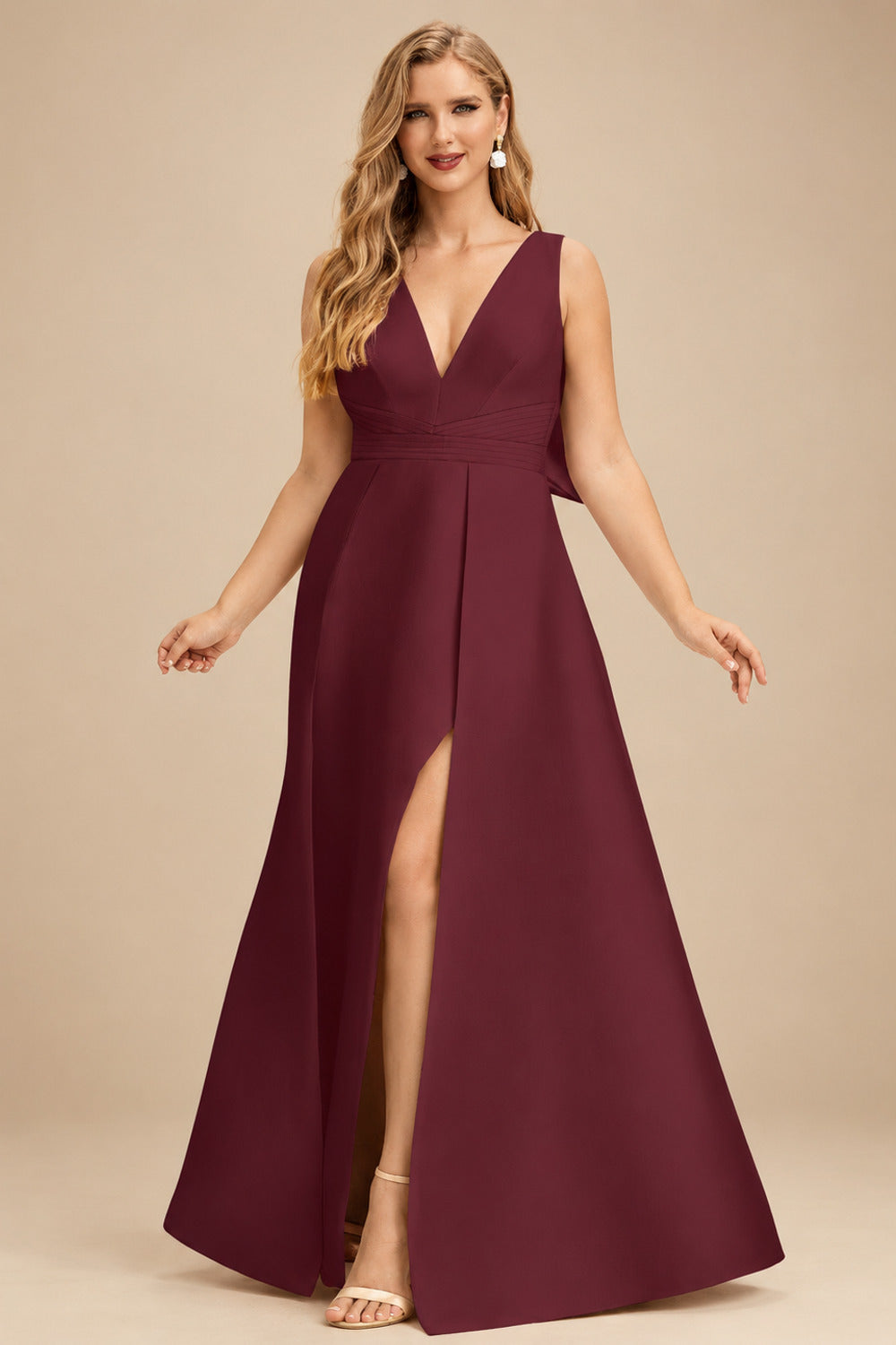 Rutipo Cabernet V-Neck Satin A-Line Mother Of The Bride Dresses With Bow
