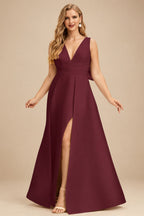 Rutipo Cabernet V-Neck Satin A-Line Mother Of The Bride Dresses With Bow