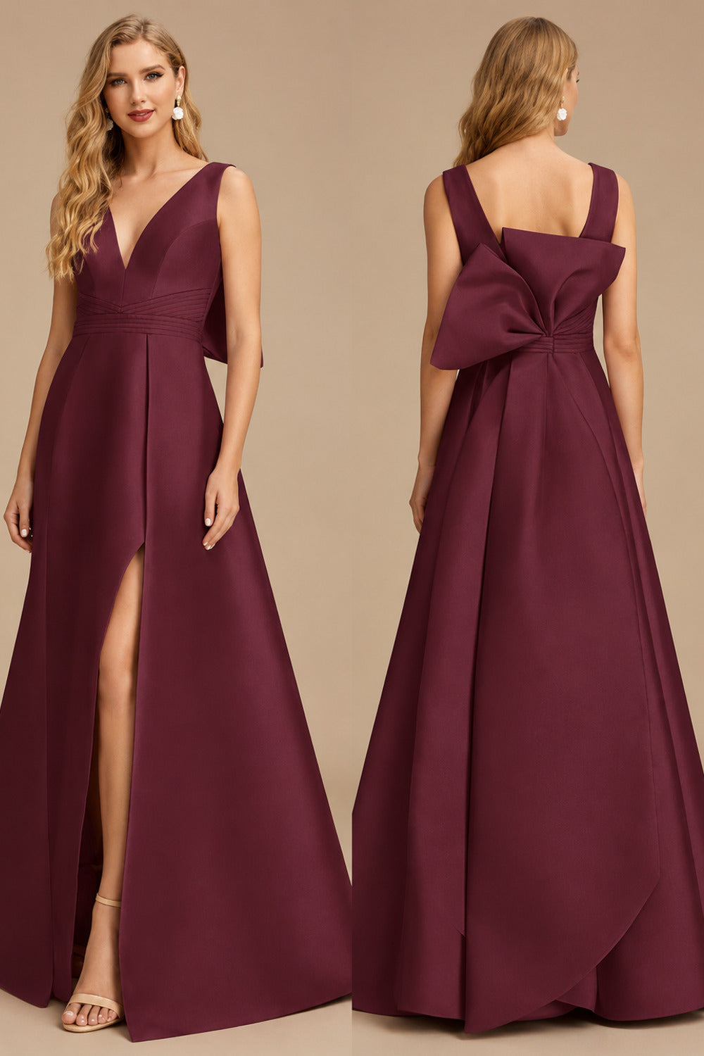 Rutipo Cabernet V-Neck Satin A-Line Mother Of The Bride Dresses With Bow