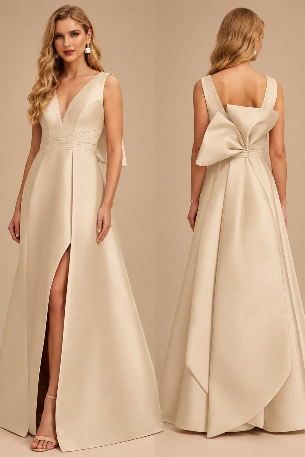 Rutipo Champagne V-Neck Satin A-Line Mother Of The Bride Dresses With Bow