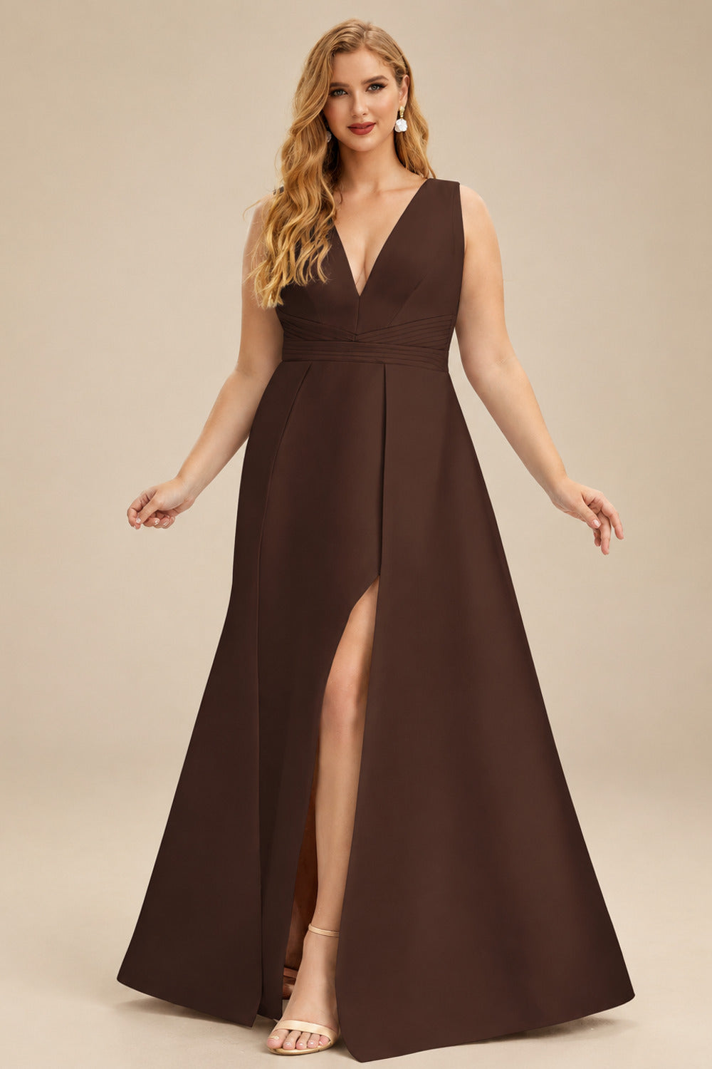 Rutipo Chocolate V-Neck Satin A-Line Mother Of The Bride Dresses With Bow
