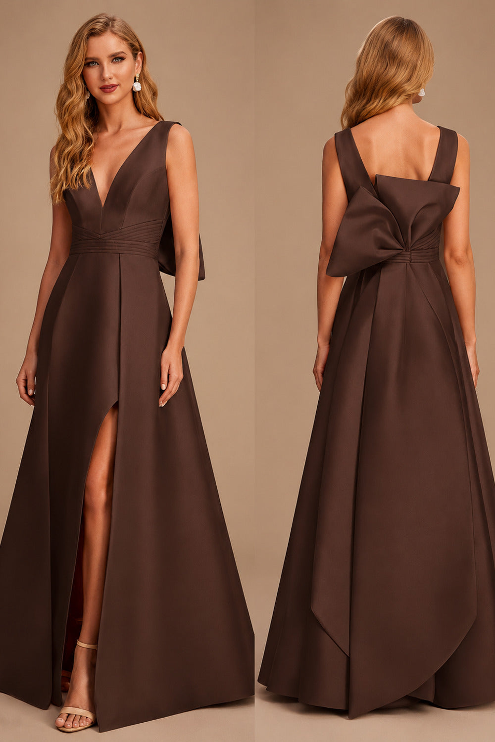 Rutipo Chocolate V-Neck Satin A-Line Mother Of The Bride Dresses With Bow
