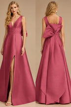 Rutipo Cinnamon Rose V-Neck Satin A-Line Mother Of The Bride Dresses With Bow