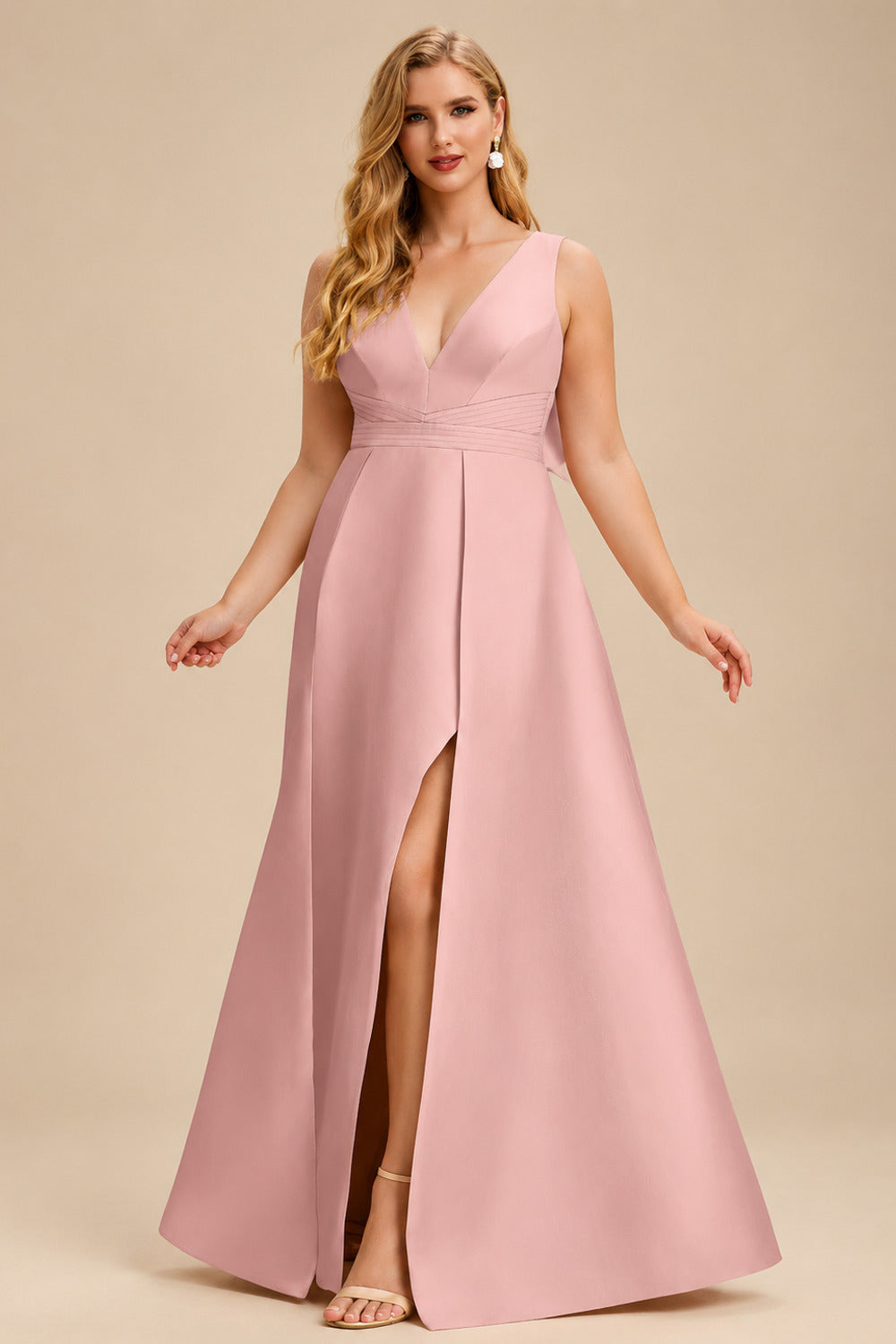 Rutipo Dusty Rose V-Neck Satin A-Line Mother Of The Bride Dresses With Bow