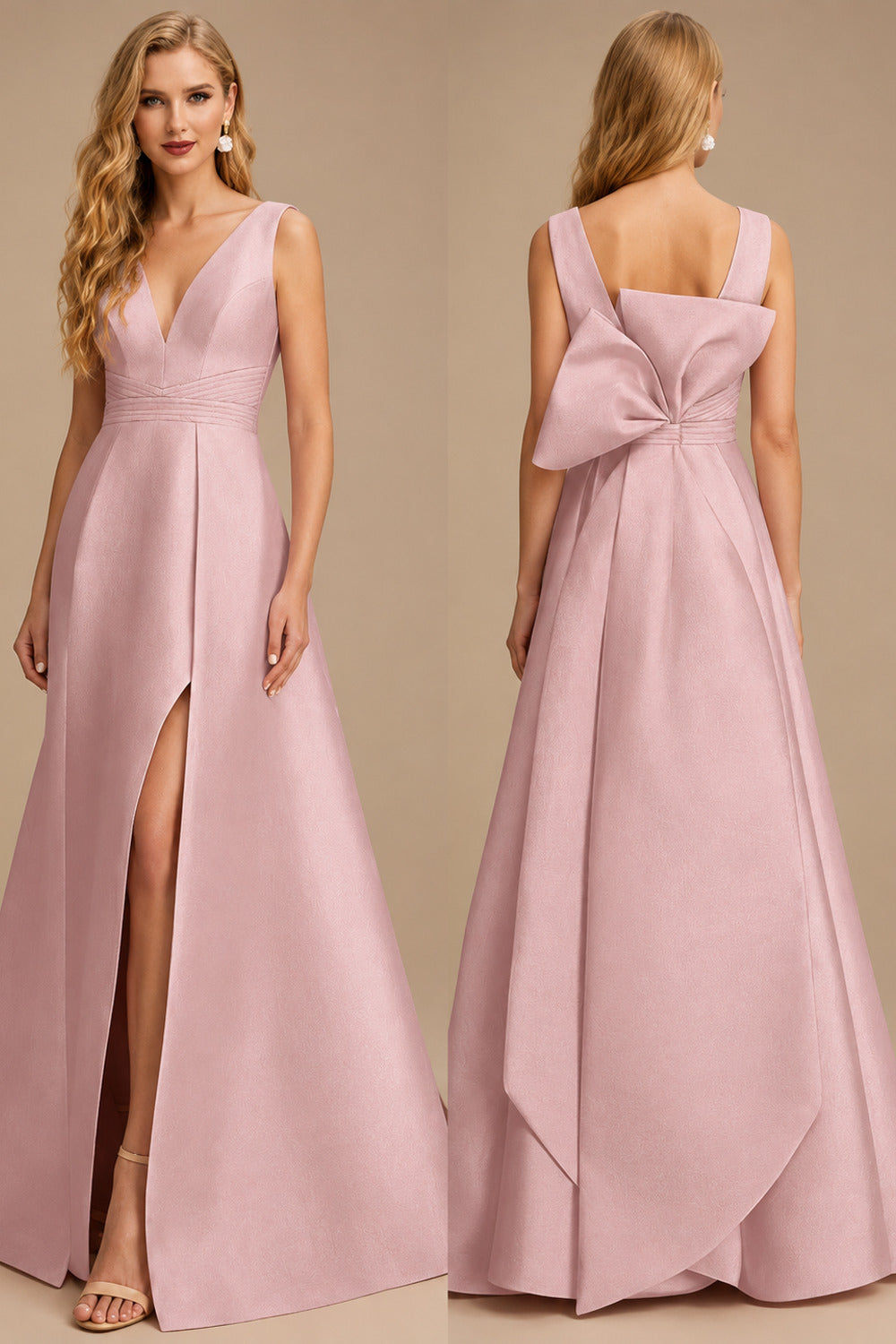Rutipo Dusty Rose V-Neck Satin A-Line Mother Of The Bride Dresses With Bow