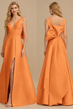 Rutipo Orange V-Neck Satin A-Line Mother Of The Bride Dresses With Bow