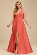 Rutipo Papaya V-Neck Satin A-Line Mother Of The Bride Dresses With Bow