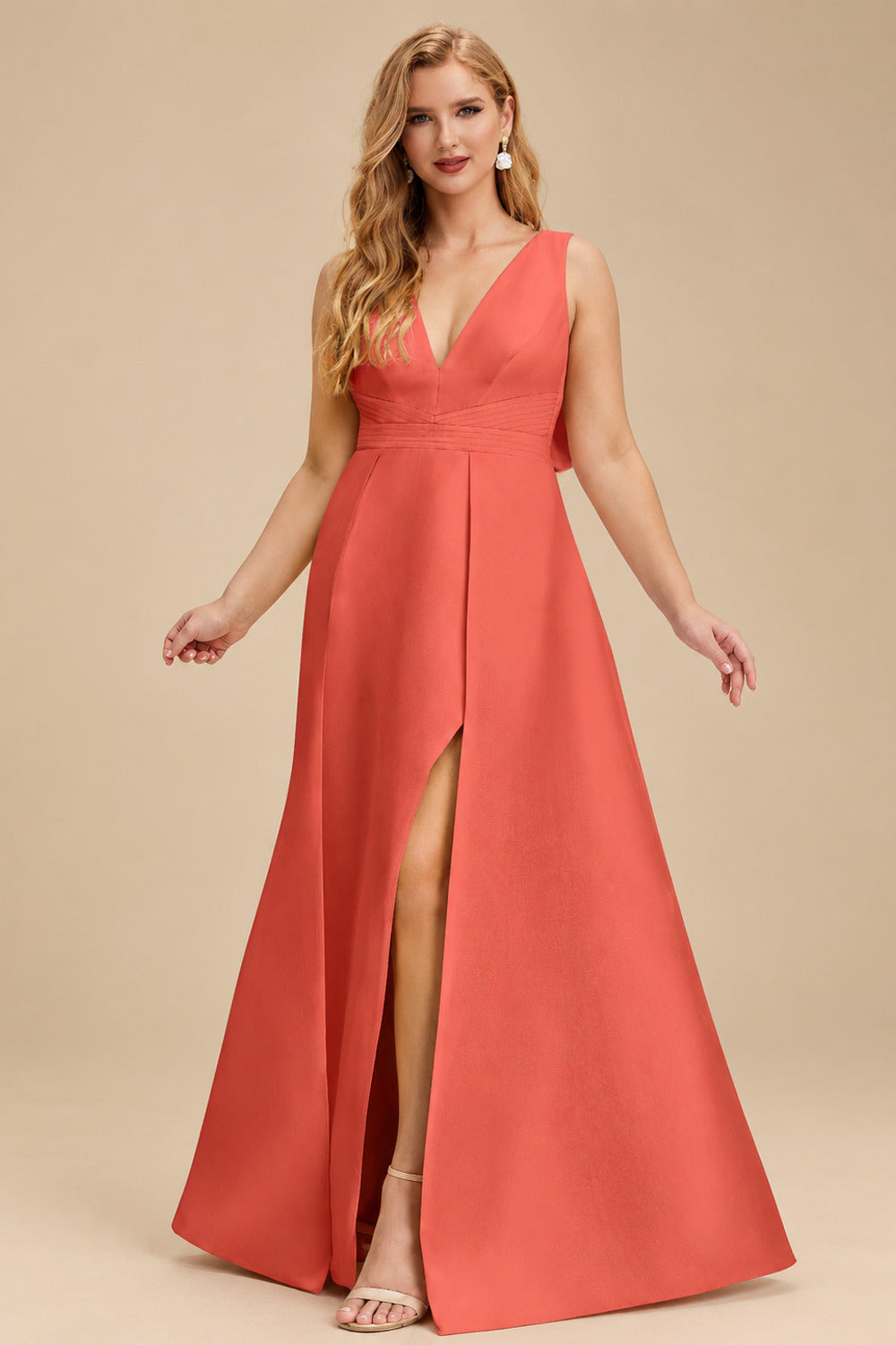 Rutipo Papaya V-Neck Satin A-Line Mother Of The Bride Dresses With Bow