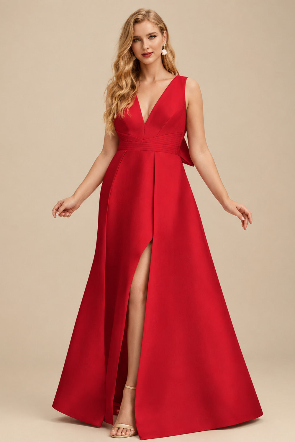 Rutipo Red V-Neck Satin A-Line Mother Of The Bride Dresses With Bow