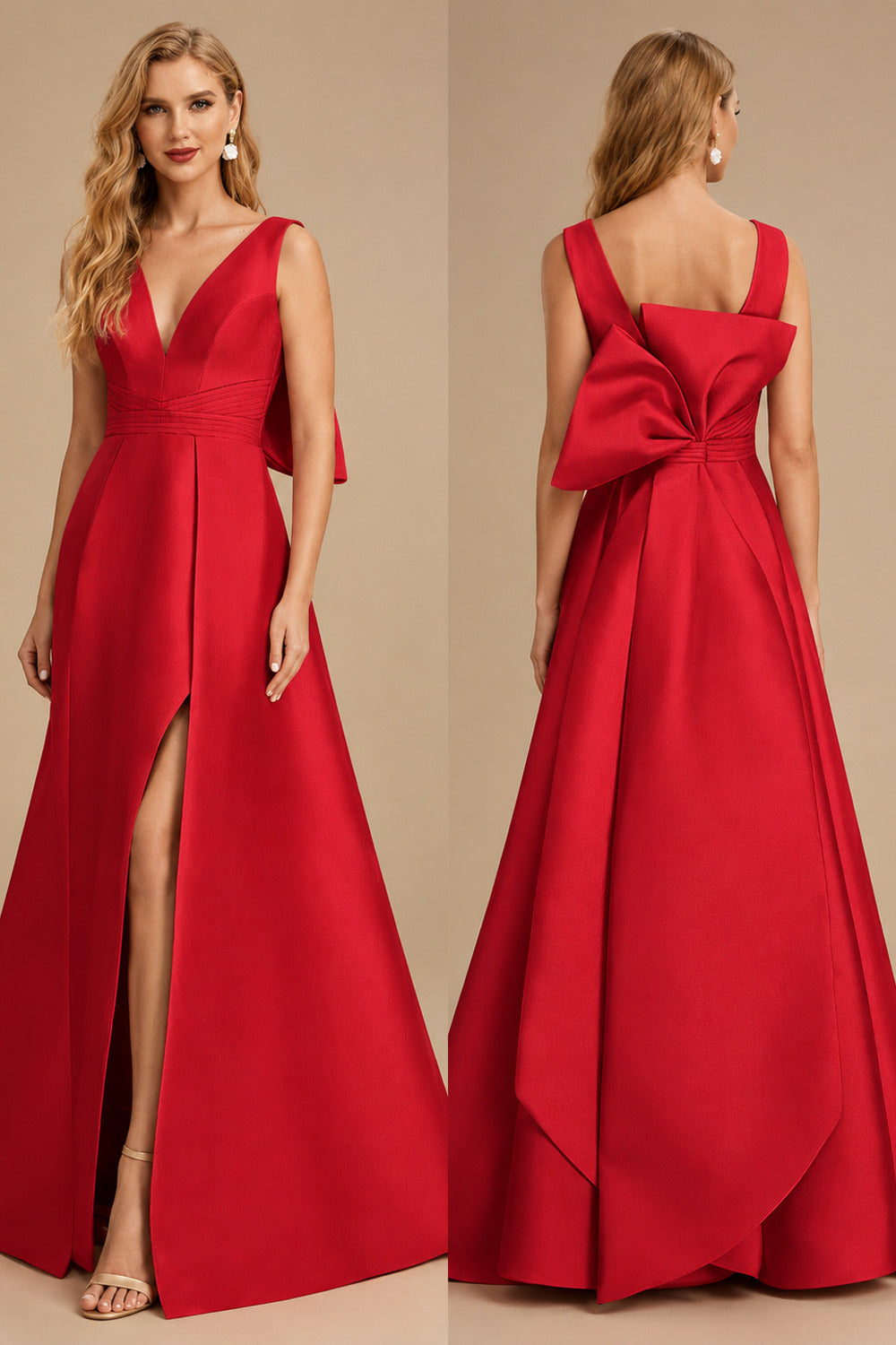 Rutipo Red V-Neck Satin A-Line Mother Of The Bride Dresses With Bow