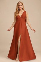 Rutipo Terracotta V-Neck Satin A-Line Mother Of The Bride Dresses With Bow
