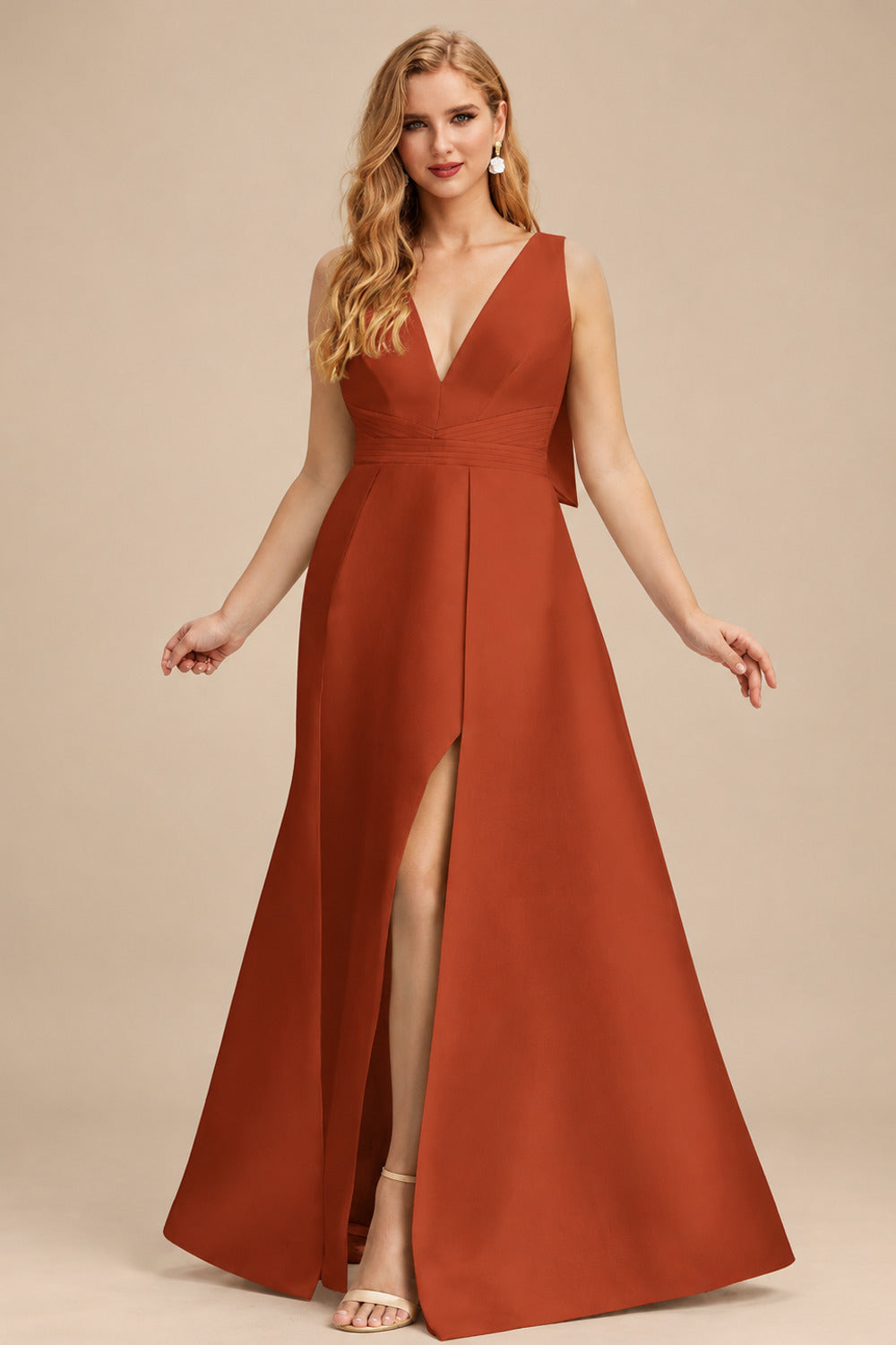 Rutipo Terracotta V-Neck Satin A-Line Mother Of The Bride Dresses With Bow