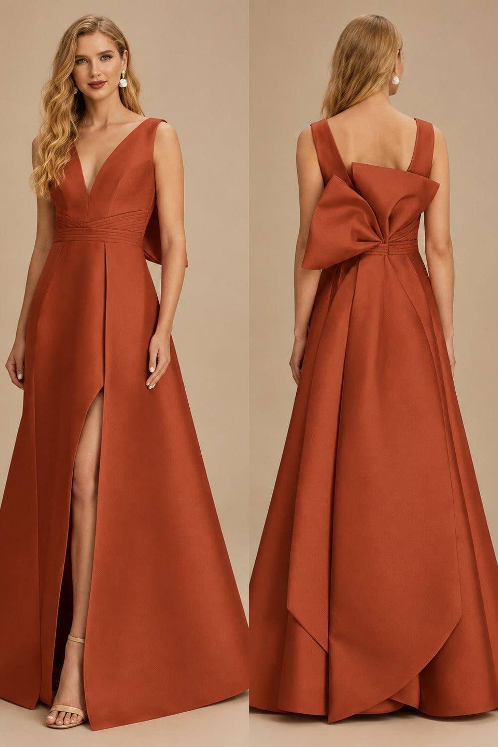 Rutipo Terracotta V-Neck Satin A-Line Mother Of The Bride Dresses With Bow