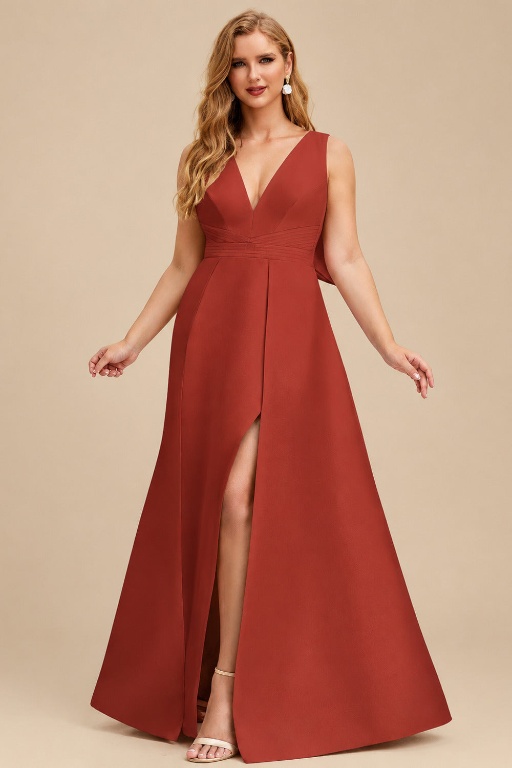 Rutipo Vermilion V-Neck Satin A-Line Mother Of The Bride Dresses With Bow