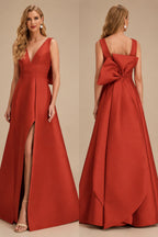 Rutipo Vermilion V-Neck Satin A-Line Mother Of The Bride Dresses With Bow