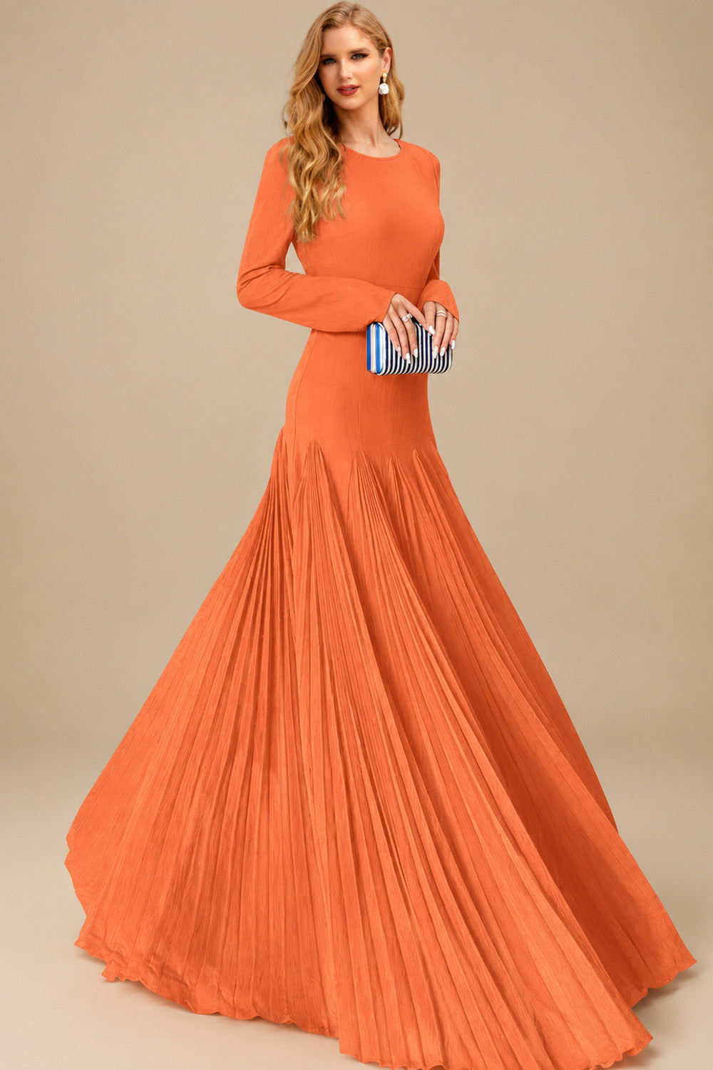 Rutipo Orange A-Line Pleated Long Sleeves Floor-Length Chiffon Mother Of The Bride Dresses