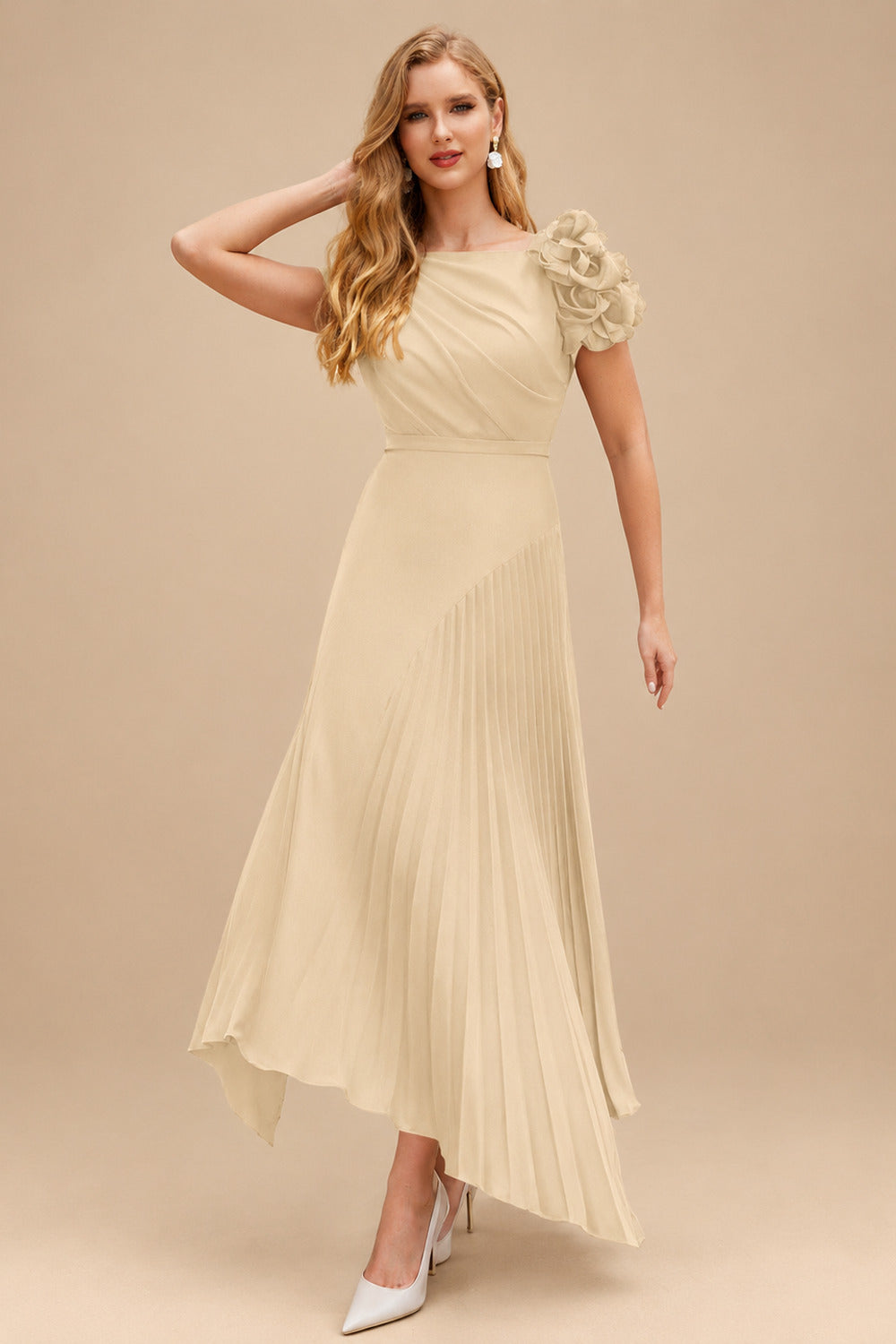 Rutipo Champagne A-Line Asymmetrical Stretch Chiffon Mother Of The Bride Dresses With Pleated/Flower(s)