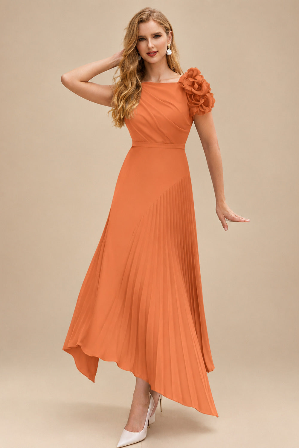 Rutipo Orange A-Line Asymmetrical Stretch Chiffon Mother Of The Bride Dresses With Pleated/Flower(s)