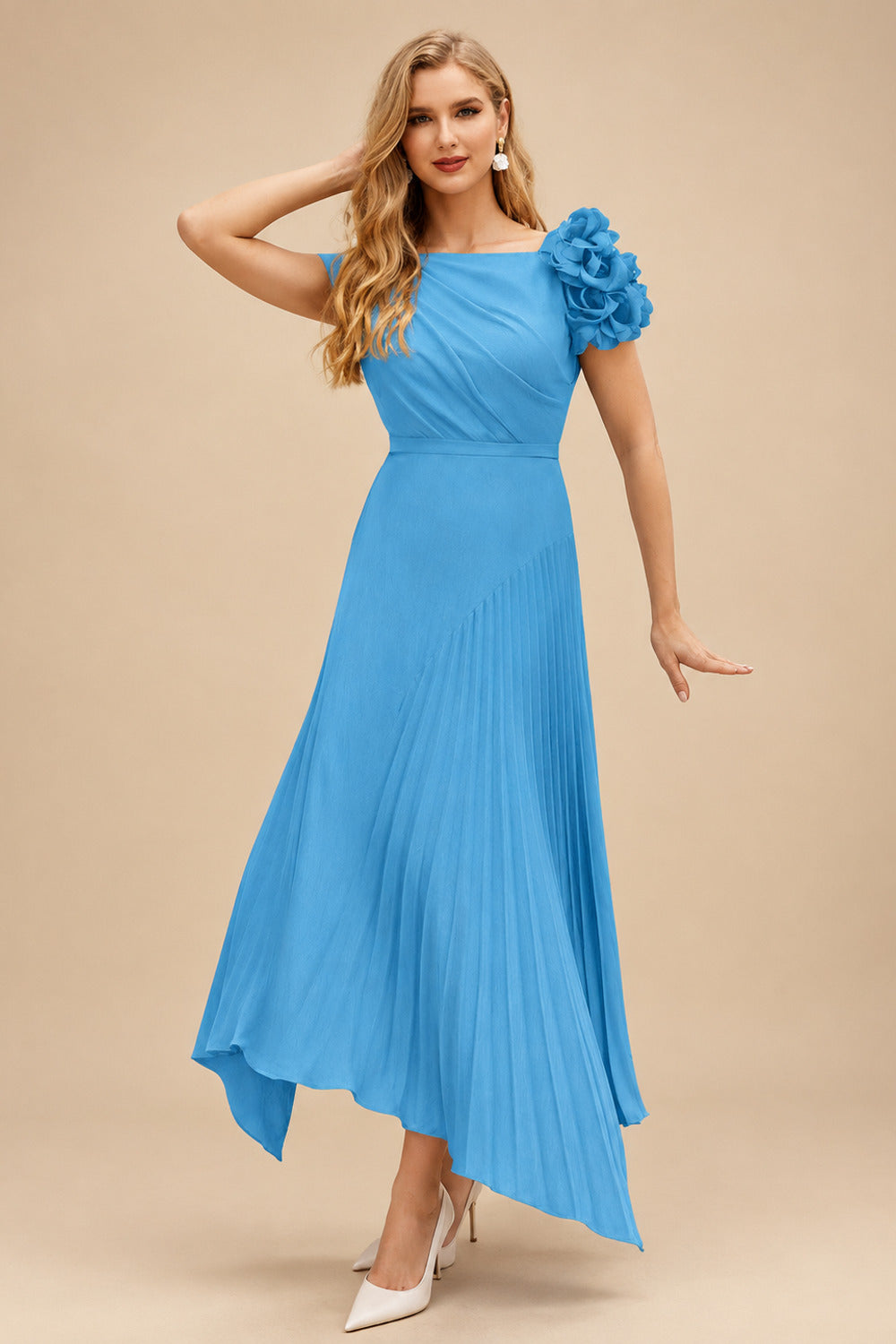 Rutipo Pool A-Line Asymmetrical Stretch Chiffon Mother Of The Bride Dresses With Pleated/Flower(s)